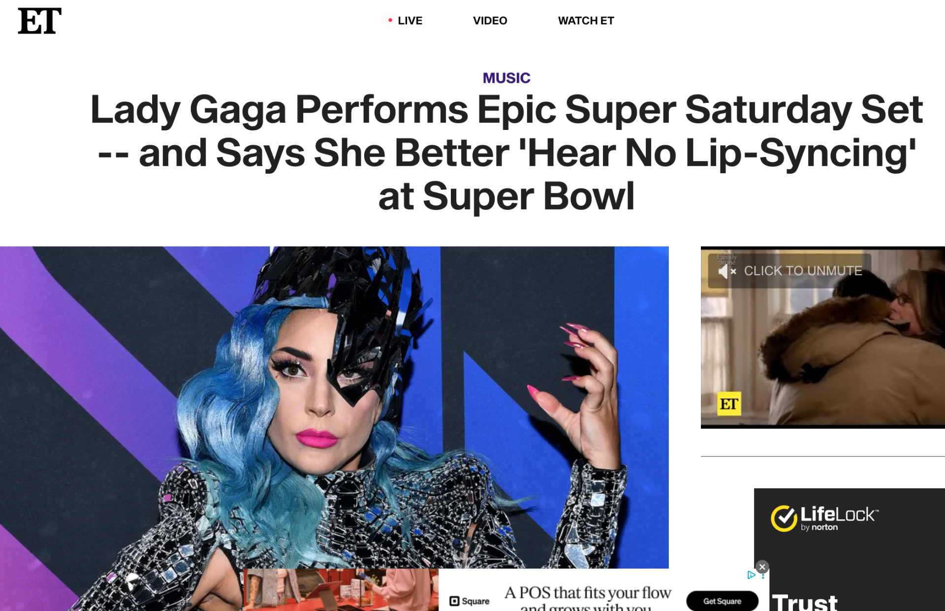 Entertainment Tonight headline: 'Lady Gaga Performs Epic Super Saturday Set, and Says She Better Hear No Lip-Syncing at Super Bowl,' with Gaga in a blue wig and mirrored crown on the Super Saturday Night carpet.