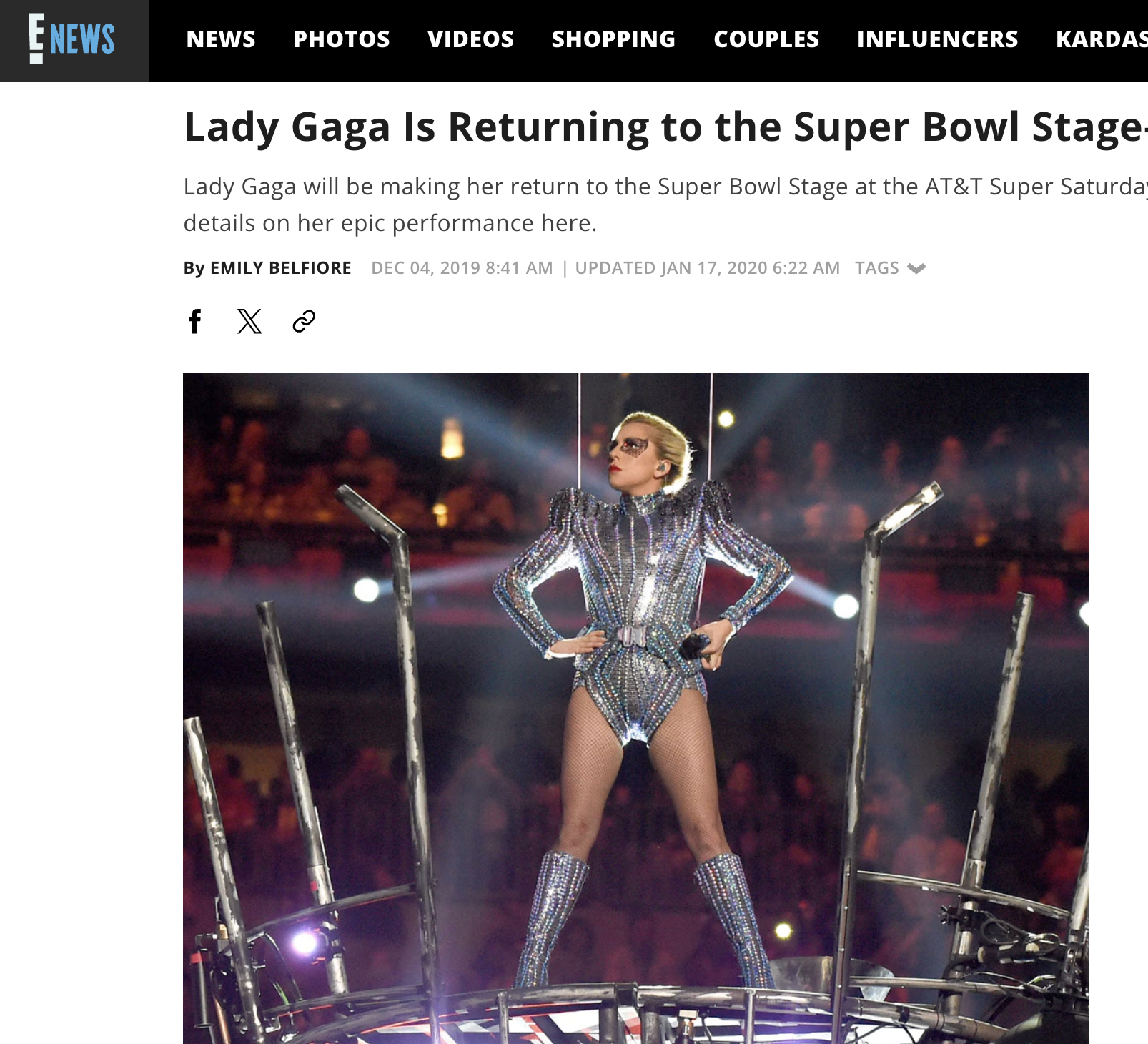 E! News headline: 'Lady Gaga Is Returning to the Super Bowl Stage,' announcing her AT&T TV Super Saturday Night performance.