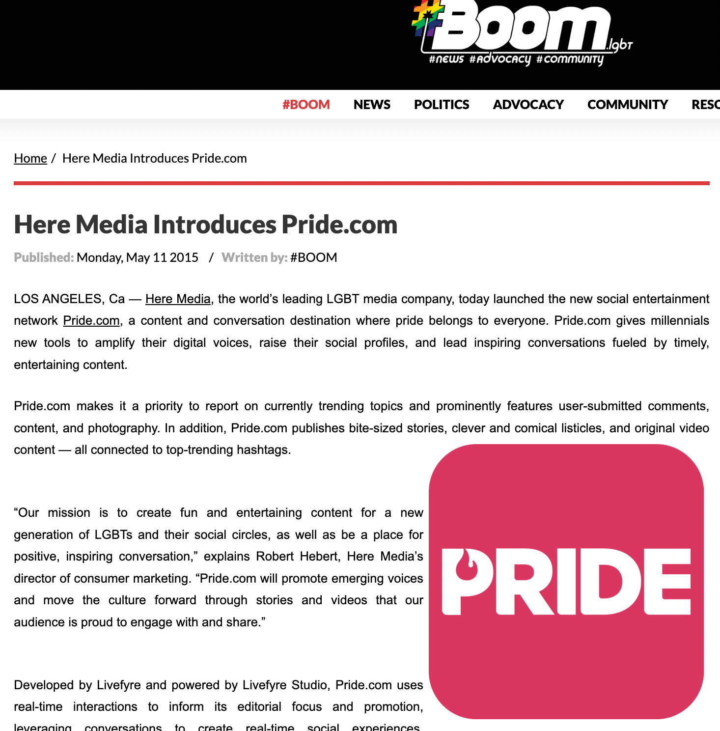 #BOOM.LGBT press coverage: 'Here Media Introduces Pride.com,' with the Pride app icon and a quote from Robert Hébert as Here Media's director of consumer marketing.