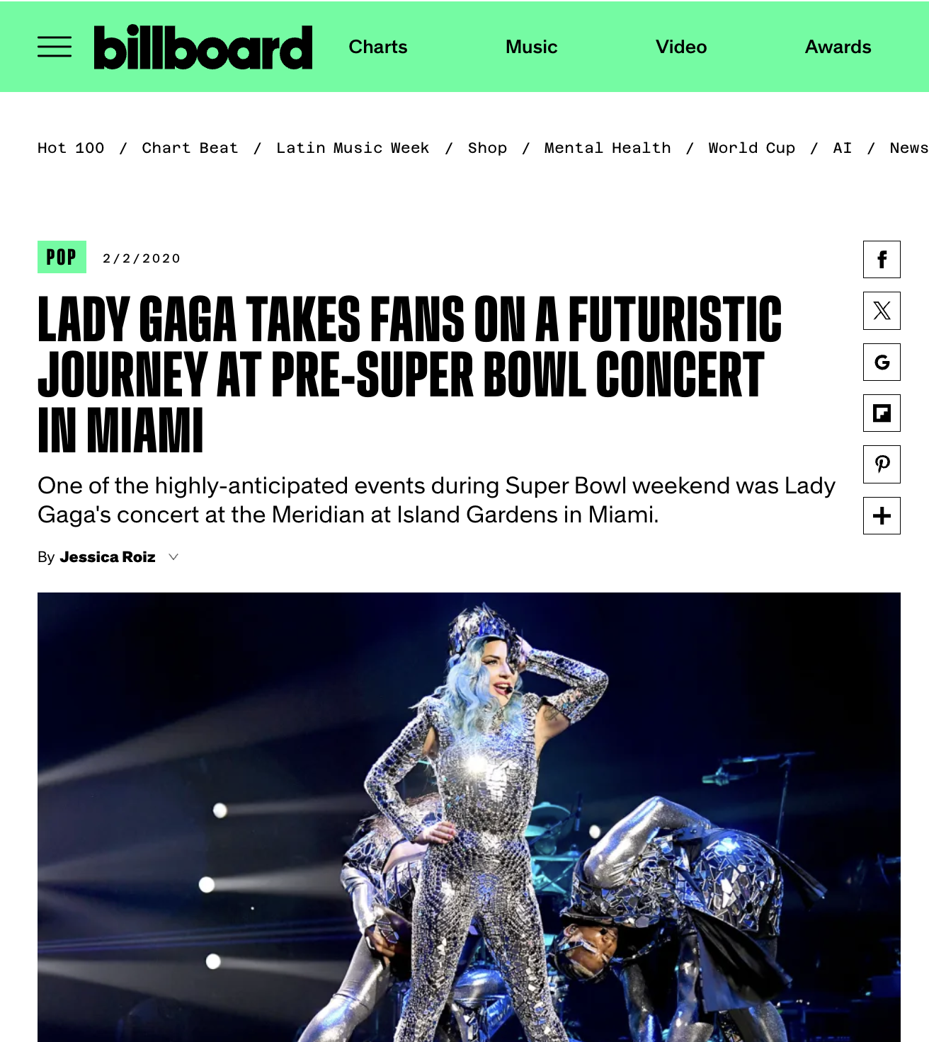 Billboard headline: Lady Gaga Takes Fans On A Futuristic Journey At Pre-Super Bowl Concert In Miami, above a photograph of Gaga on stage in a crystal bodysuit.