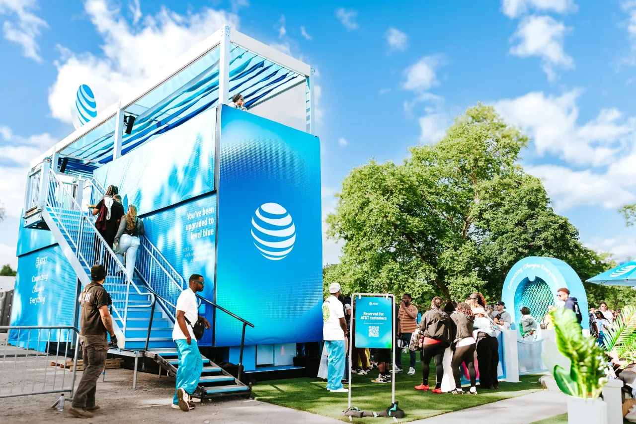 Exterior view of the two-level AT&T Blue Room and Connecting Changes Everything installation.