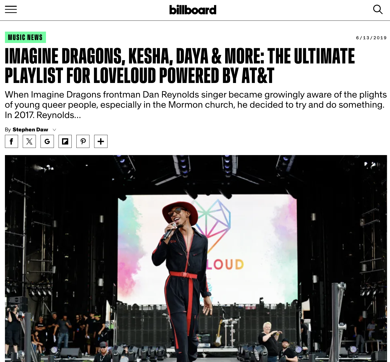 Billboard feature on the LOVELOUD 2019 playlist powered by AT&T, with a performer on stage in front of the LOVELOUD logo.