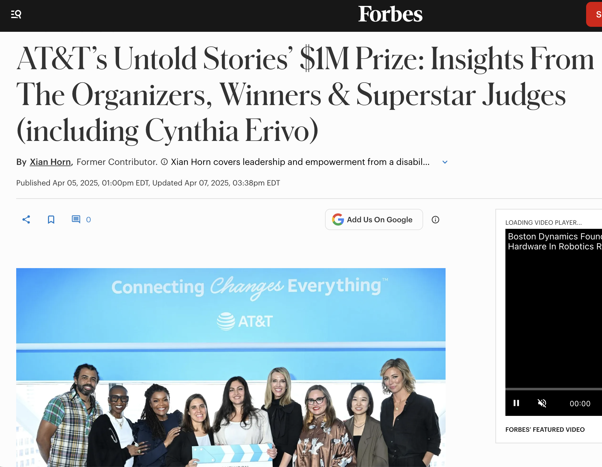 Forbes headline: AT&T's Untold Stories' $1M Prize: Insights From The Organizers, Winners & Superstar Judges (including Cynthia Erivo).